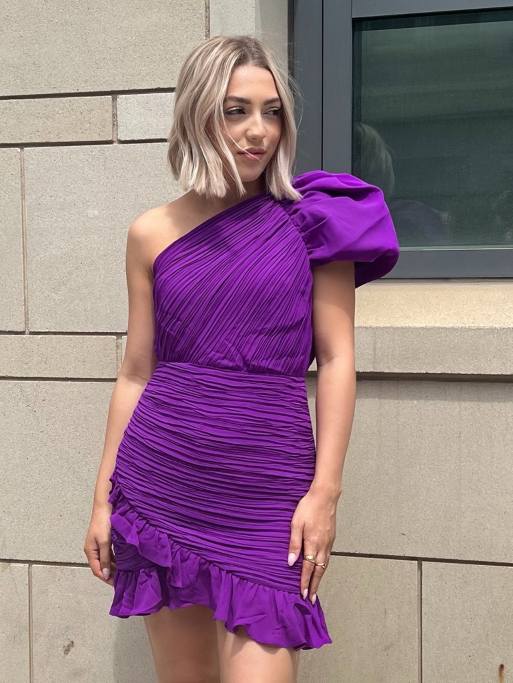 Express One-Shoulder Purple Ruffle Mini Dress